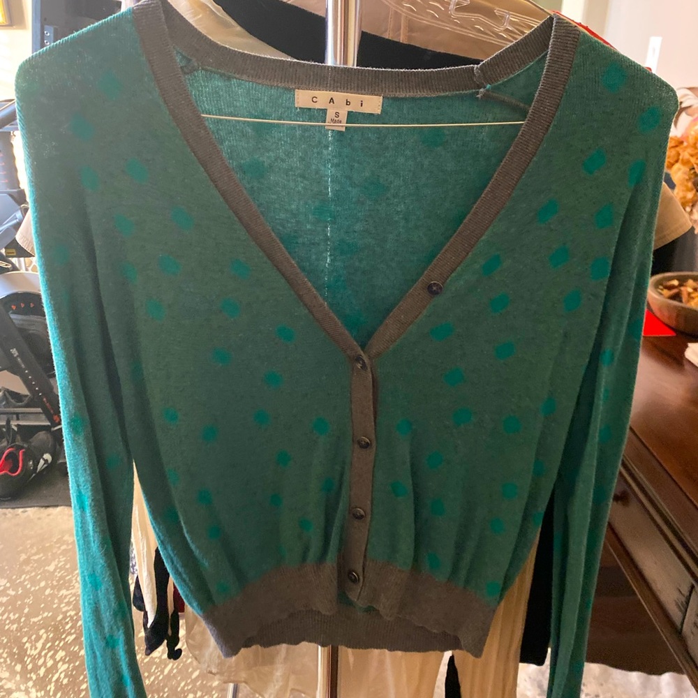 CAbi green grey polka dot cardigan